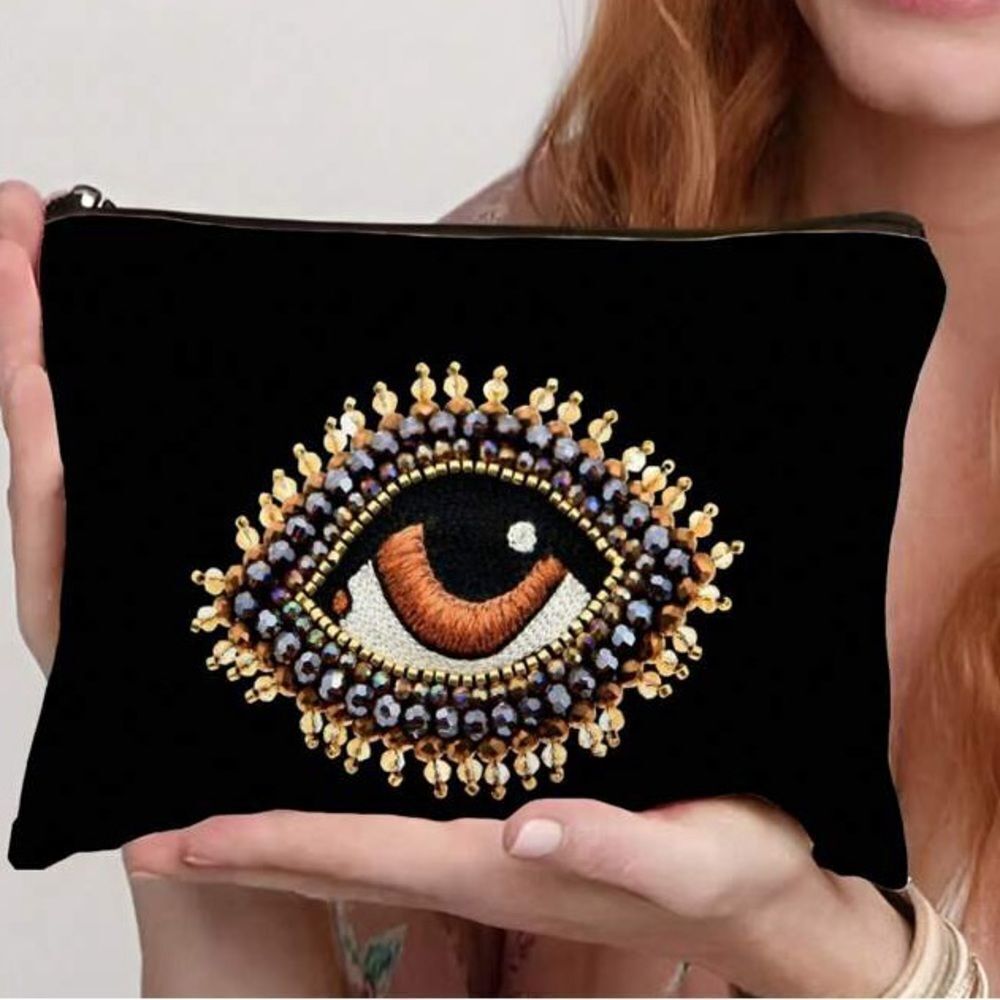 Embroidered Eye Design Black Clutch W1 - Picture 2 of 6